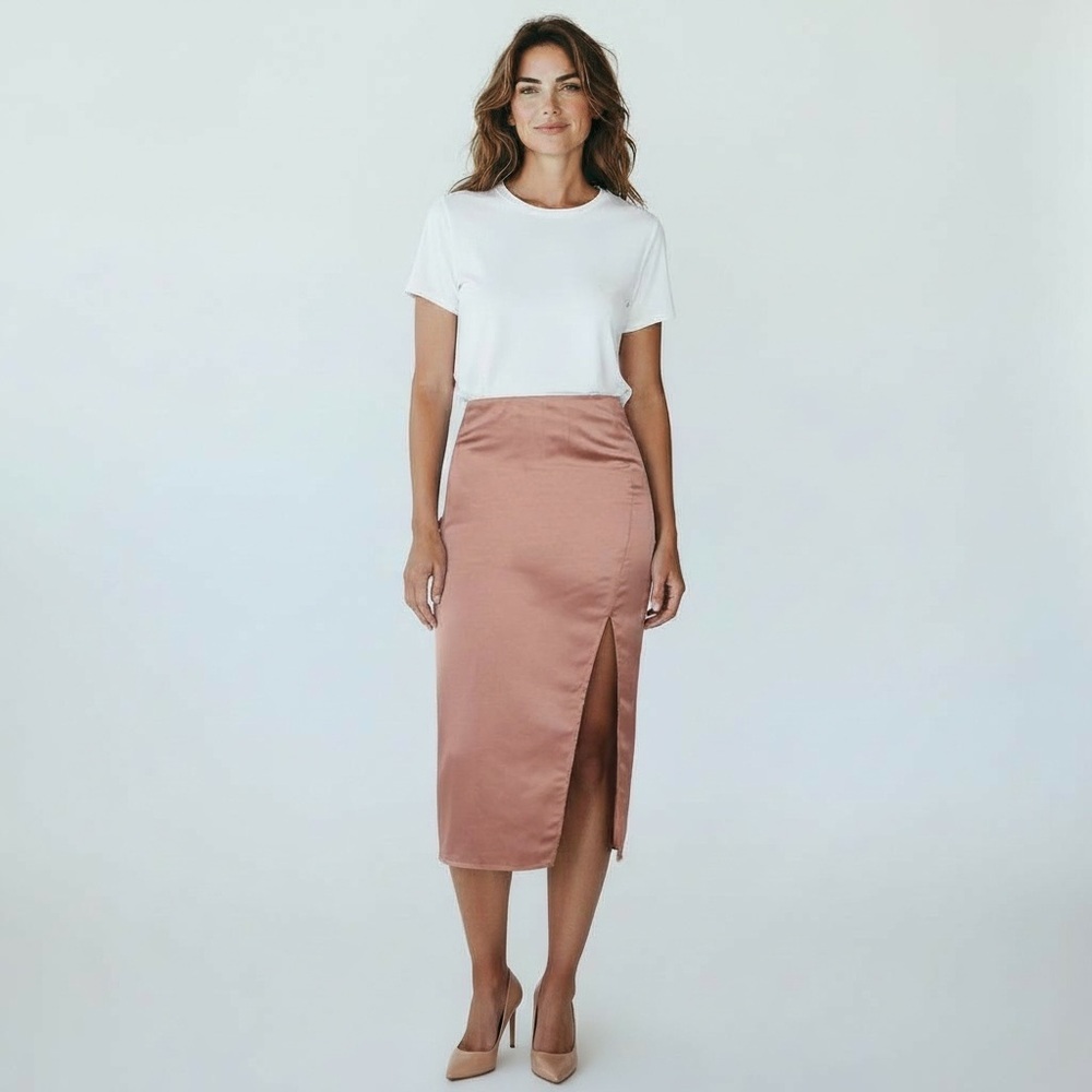 Pretty Little Thing Womens Tan Mocha Satin Midi Split Back Midaxi Skirt‎ 4 NWT